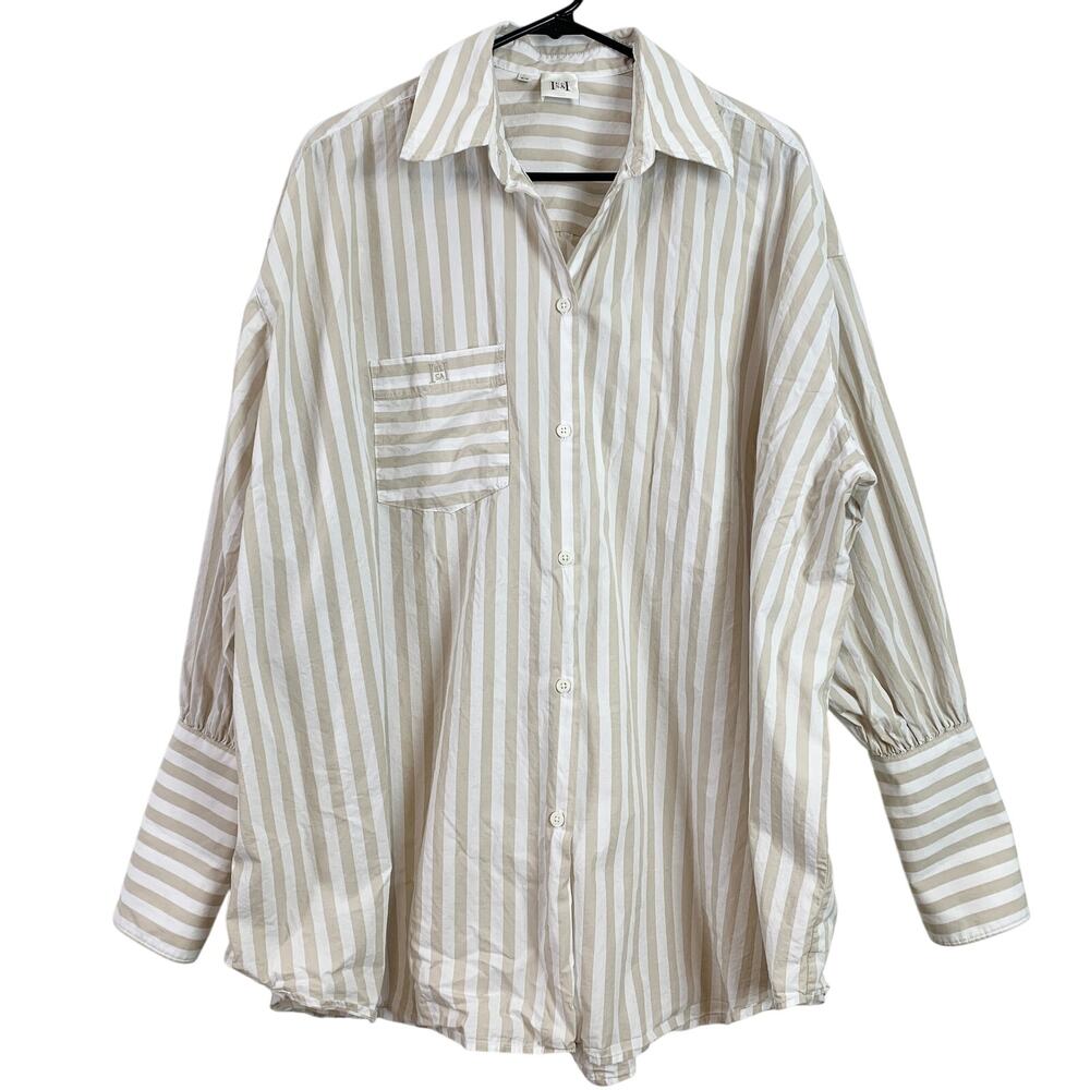 Helsa Cotton Poplin Striped Oversized Button Front Shirt Top Beige Stripe OS - Picture 9 of 13